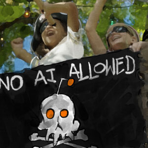 Redditors in a treehouse with a NO AI ALLOWED sign